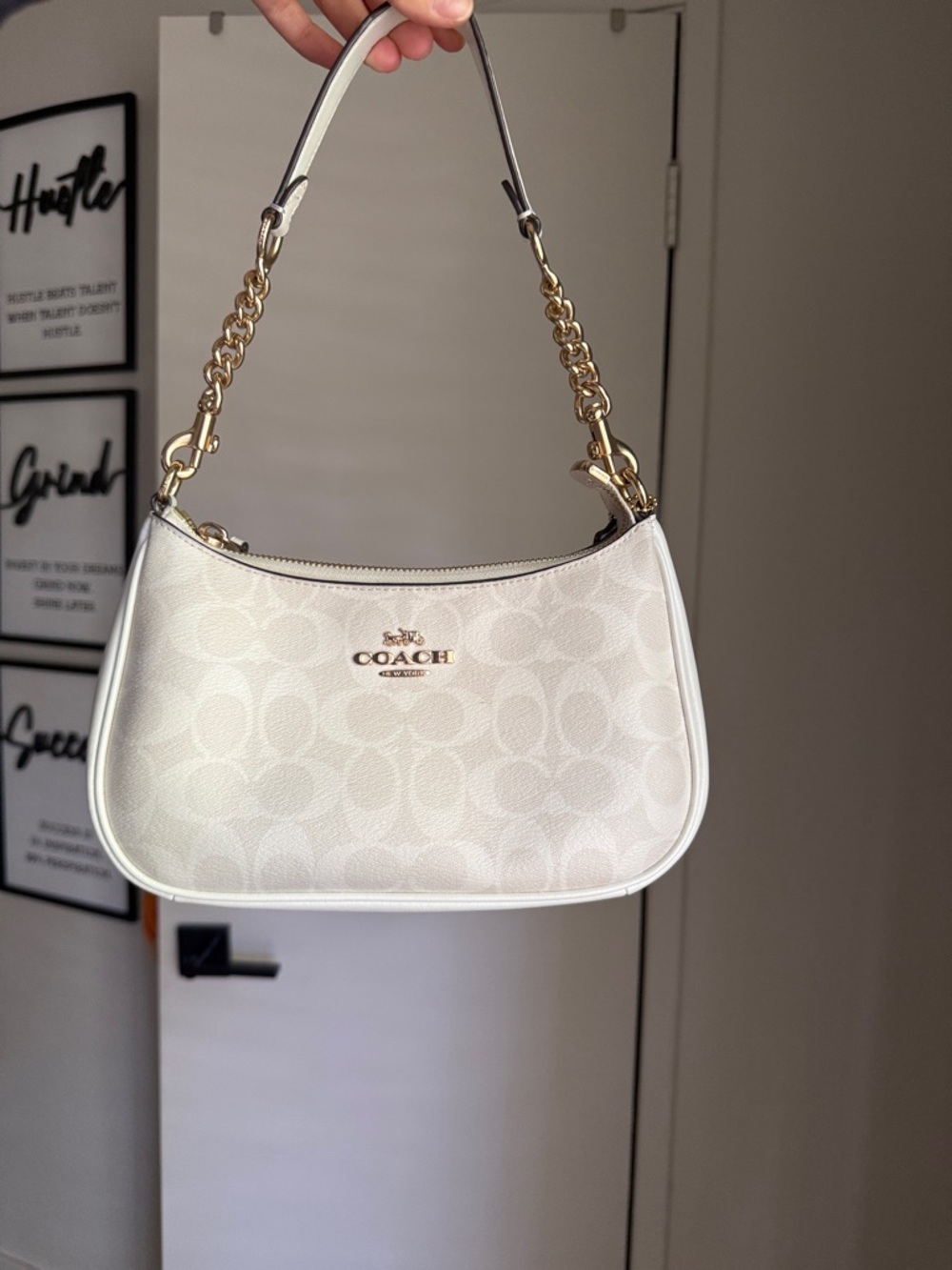 Coach Cream Signature Canvas Shoulder Bag with Gold Hardware